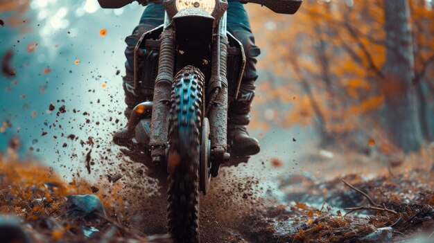 Motocross Homme motocycliste professionnel en équipement de moto complet à cheval sur des récoltes vélo enduro sur la montagne