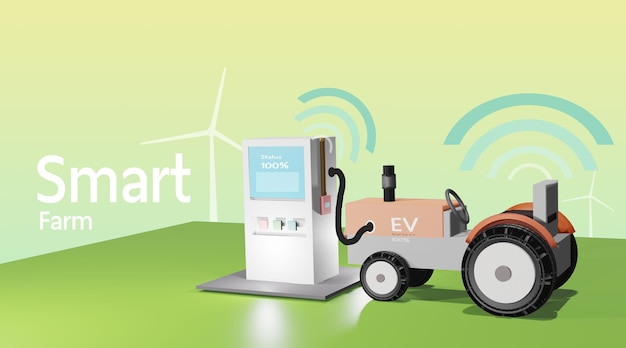 Motoculteur agricole chargeant l'énergie électrique à partir de la station de charge, concept d'agriculture moderne en 3d