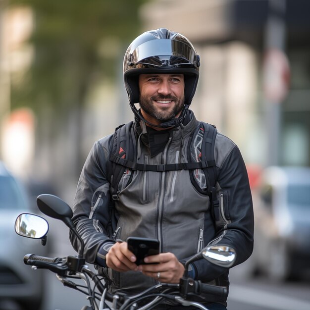 Un motocycliste au premier plan portant un casque à l'air calme et souriant avec un téléphone portable