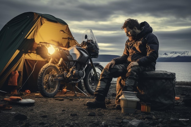 Un motocycliste d'aventure campant dans la nature