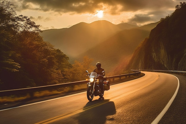 Motocycliste conduisant sur l'autoroute au coucher du soleil