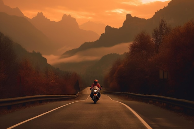 Motocycliste conduisant sur l'autoroute au coucher du soleil
