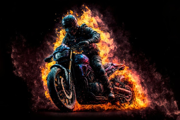 Motocycliste de feu dans une scène sombre dramatique Fond d'écran Generative AI