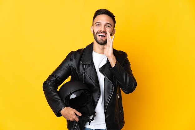 motocycliste, homme, poser, à, casque