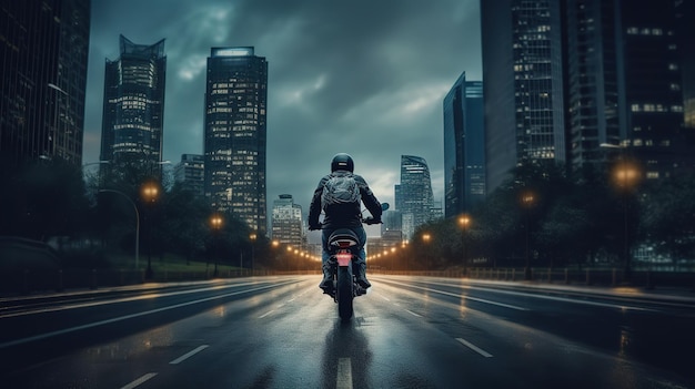 Motocycliste sur une moto au crépuscule d’une ville nocturne aux lumières des lanternes