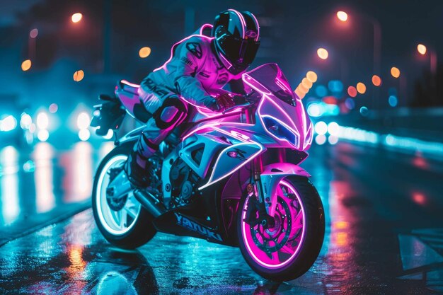Le motocycliste sur une moto court sur l'autoroute à grande vitesse Lumière néon Art numérique