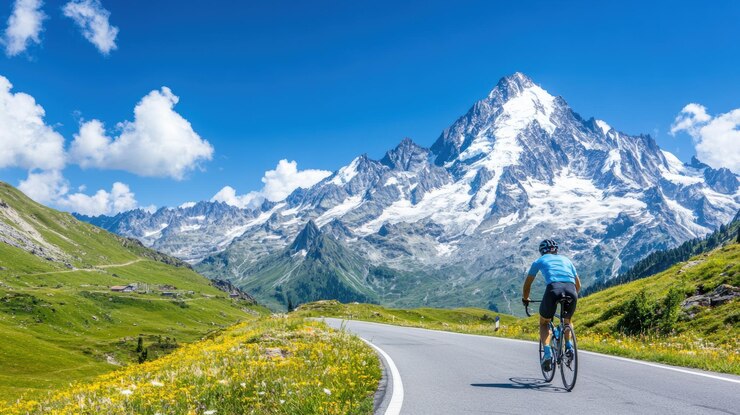 Un motocycliste qui tourne à grande vitesse dans une courbe abrupte sur une route de montagne. Risques dangereux liés à un cyclisme extrême.