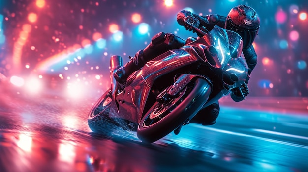Un motocycliste roule vite dans les lumières au néon
