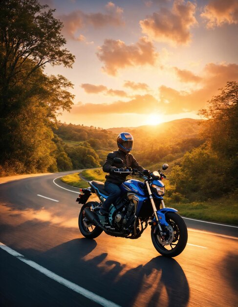 Un motocycliste sur une route de campagne au coucher du soleil.