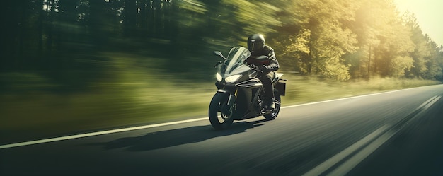 Un motocycliste solitaire accélère sur l'autoroute ouverte, l'arrière-plan est flou, l'espace est copié, le fond est solide, le concept est relaxé, la furtivité est v, la moto est une aventure, la vitesse est éblouissante, le pilote solitaire.