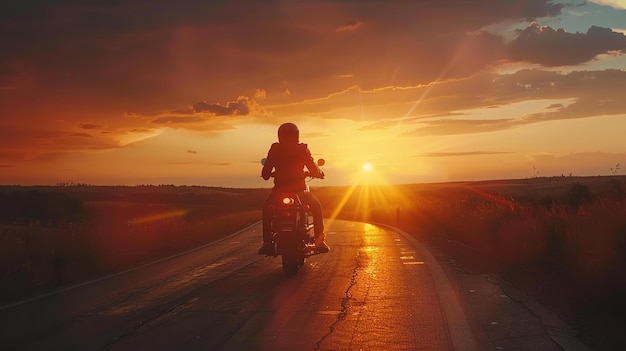 Photo un motocycliste solitaire roule sur une route sinueuse à travers un paysage rural le soleil se couche jetant une lueur chaude sur la scène