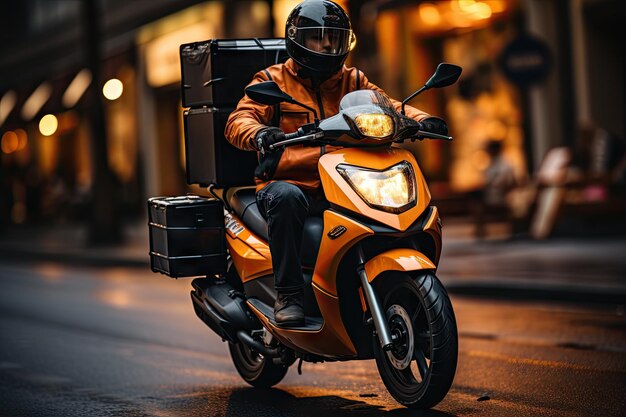 Photo un motocycliste transportant une caisse à l'arrière de son vélo livraison de nourriture à emporter