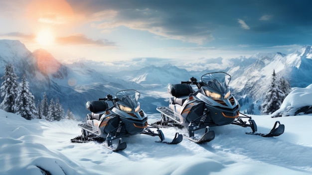 Photo des motos de neige prêtes pour une aventure dans un paysage hivernal