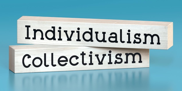 Mots de collectivisme d'individualisme sur des blocs de bois illustration 3D