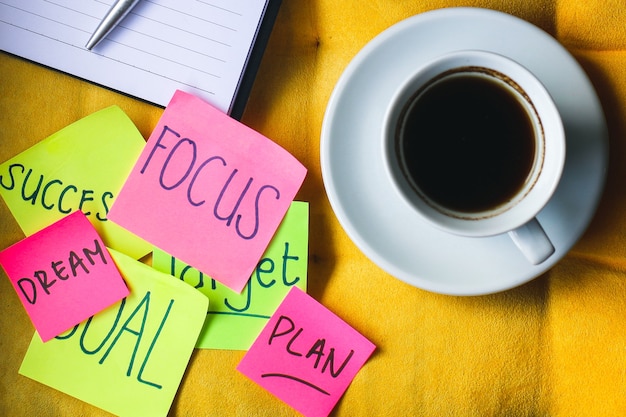 Photo mots de motivation sur des notes autocollantes avec une tasse de café pour le concept de fond d'entreprise