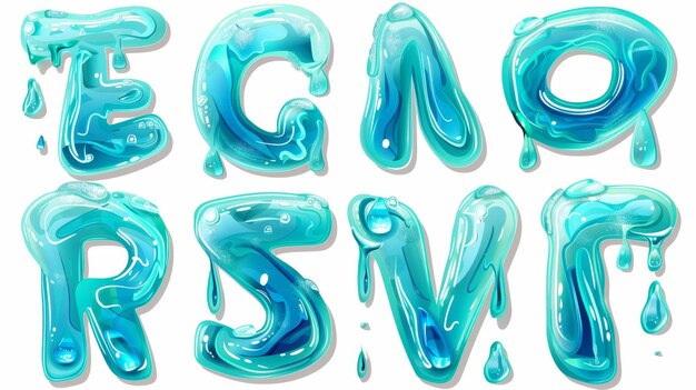 Photo les mots de la police d'eau sont isolés sur un fond transparent illustration de l'alphabet anglais avec des textures de verre de gel liquide ensemble de symboles de texte cristallins et de gouttes de pluie