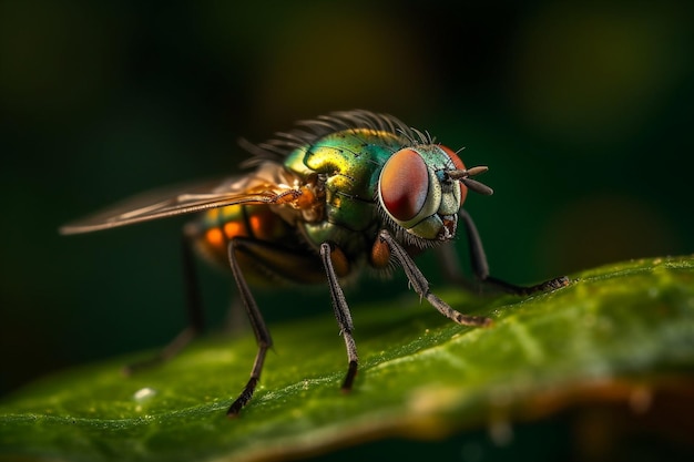 Une mouche au nez jaune et aux yeux verts.