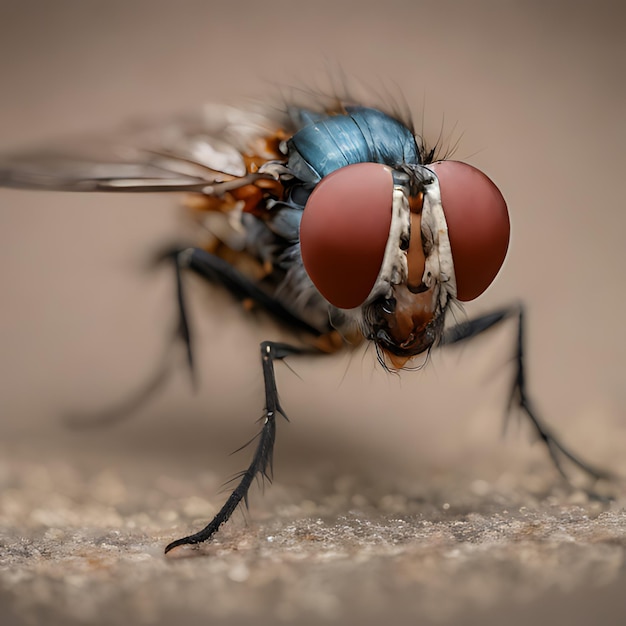 une mouche avec un corps bleu et une bande bleue sur son visage
