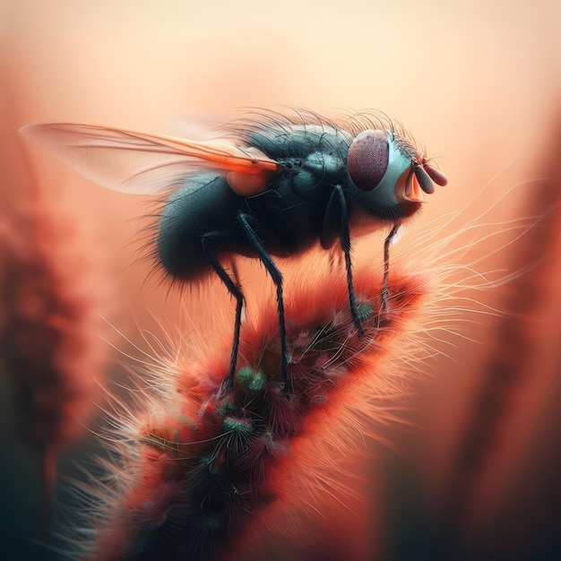 Une mouche avec un corps bleu et des pattes orange repose sur une plante rouge floue en gros plan