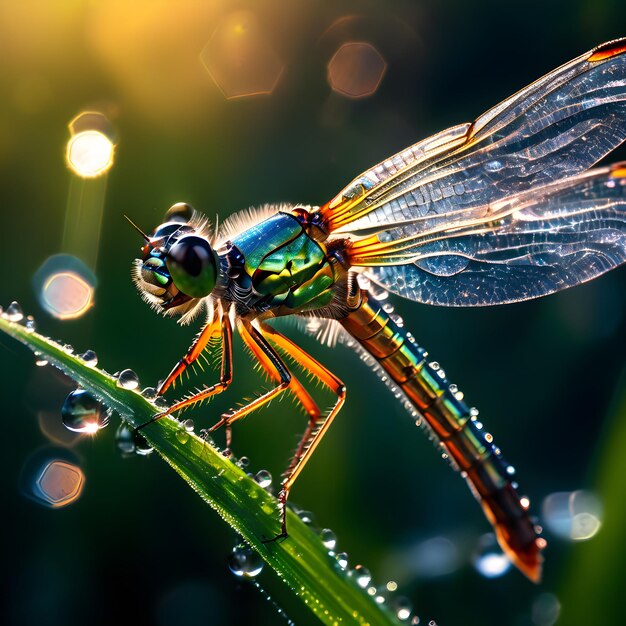 Photo une mouche avec un corps vert et des ailes est assise sur une brise d'herbe