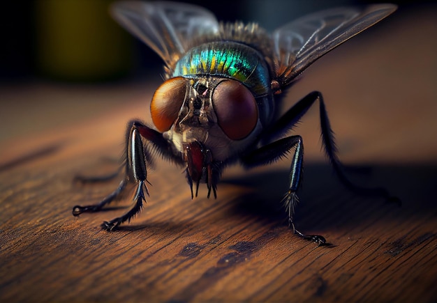 La mouche domestique est assise sur une table en bois