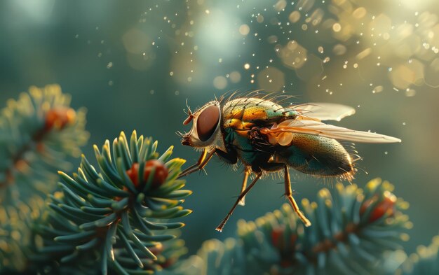 Photo la mouche domestique navigue à travers les aiguilles de pin en vol