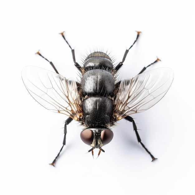 Une mouche noire avec un fond blanc et le mot mouche dessus.