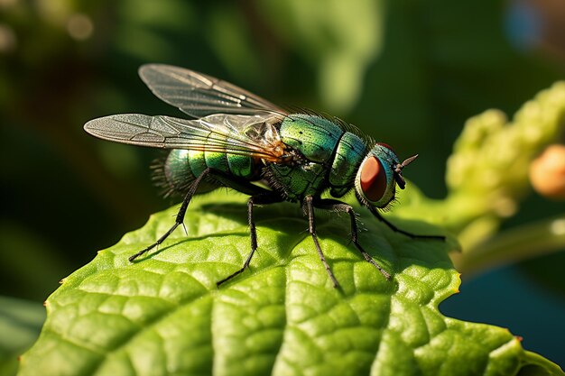 Photo une mouche qui repose sur une feuille verte est capturée