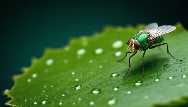 une mouche verte avec un bec jaune est assise sur une feuille humide