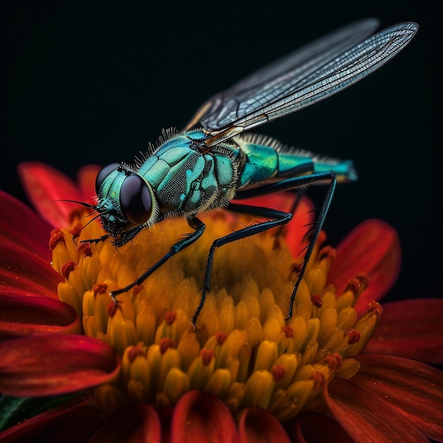 Une mouche verte et bleue est posée sur une fleur rouge.