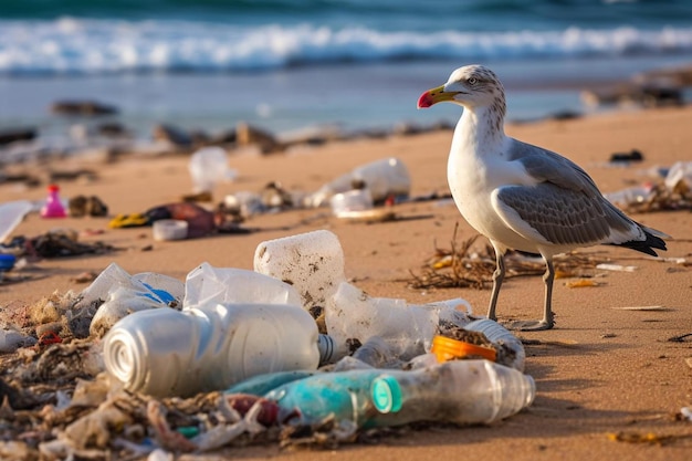 Photo un mouet qui regarde des déchets en plastique près de la vague sur la plage