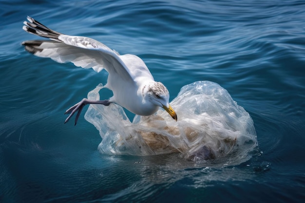 Mouette coincée dans un sac en plastique dans l'eau