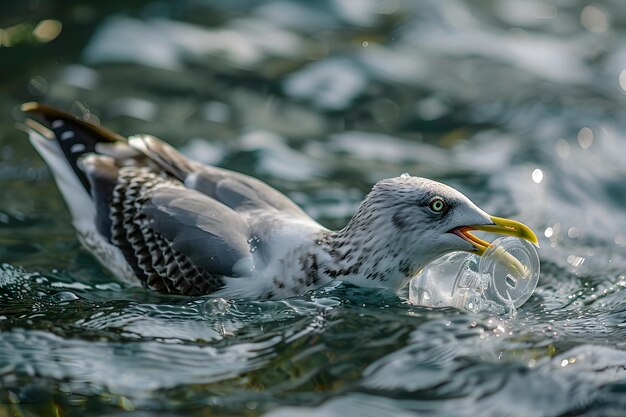 Photo la mouette en colère avec un poisson dans le bec dans l'eau