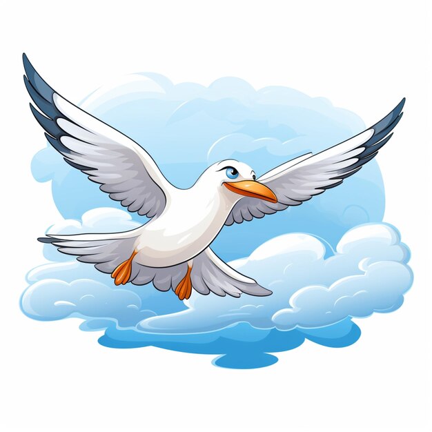 mouette de dessin animé volant dans le ciel avec des nuages et un ciel bleu