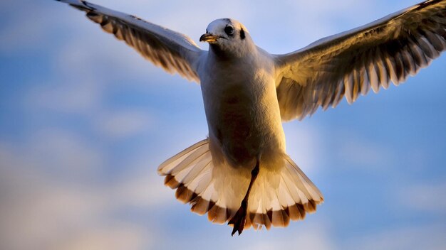 La mouette est en l'air d'une jambe.