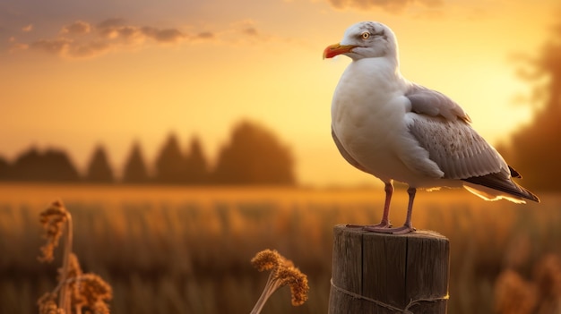 Une mouette heureuse pose sur le poteau de la clôture d'une ferme sur le fond d'un champ de maïs luxuriant