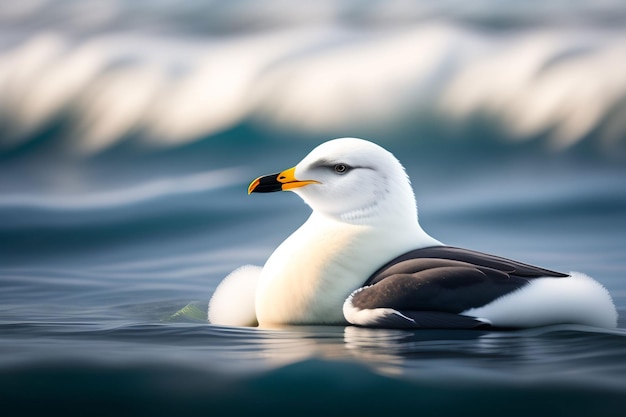 Une mouette nage dans l'eau avec une vague derrière elle.