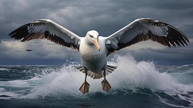 une mouette survole l'océan avec un ciel sombre en arrière-plan.