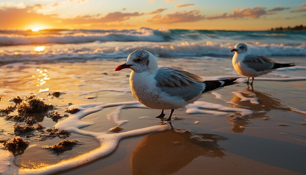 Photo une mouette volant au-dessus d'un coucher de soleil tranquille reflète la beauté de la nature générée par l'ia