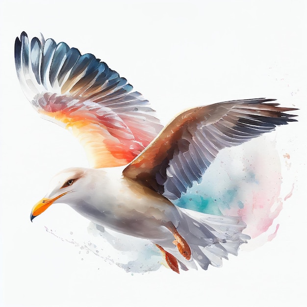 Photo mouette volant style aquarelle generative ai