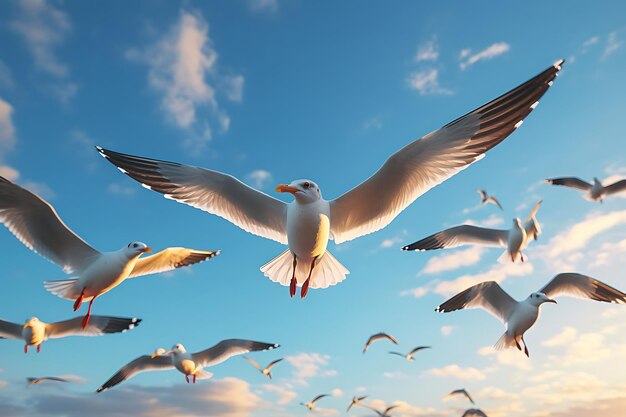 Les mouettes s'élèvent contre un ciel bleu