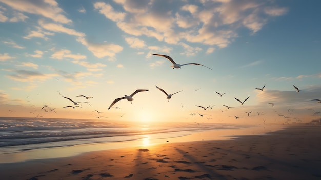 Des mouettes volant dans le ciel au-dessus d'une plage de sable