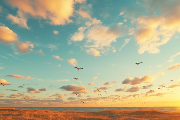 Les mouettes volent au coucher du soleil sur la côte