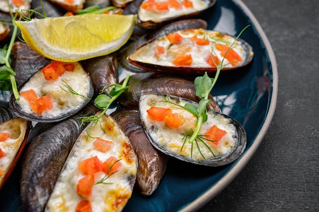 Moules sur une assiette avec du fromage au four et des cubes de poisson rouge