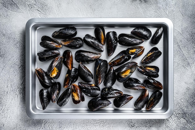 Moules bleues fraîches de fruits de mer dans le plateau en acier de cuisine. Fond blanc. Vue de dessus.