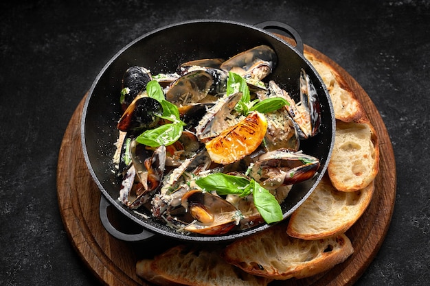 Moules cuites dans une poêle avec du fromage et des feuilles de basilic, sur une planche de bois, sur une table sombre