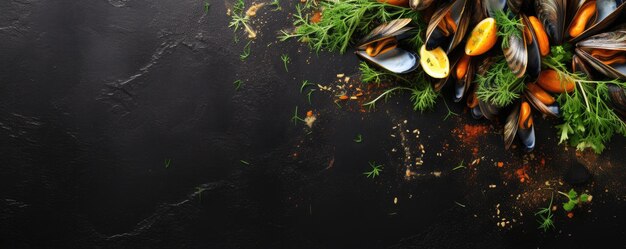 Moules cuites avec persil et citron sur table noire Nourriture de mer Génératif ai