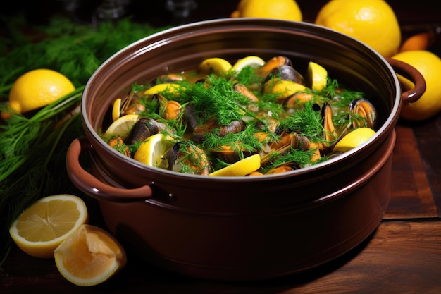 Des moules dans une casserole avec du persil et de la garniture de citron