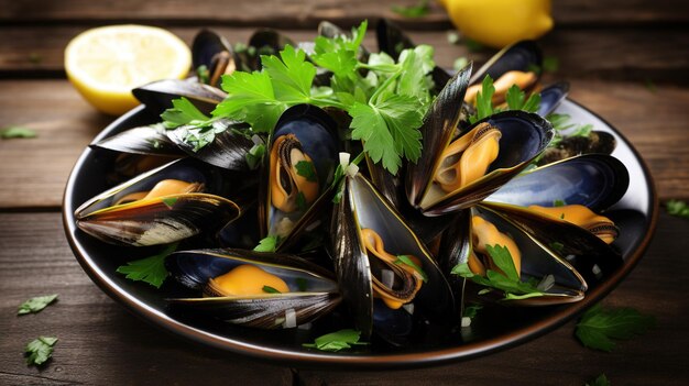 Des moules avec du citron et du persil sur une table en bois.