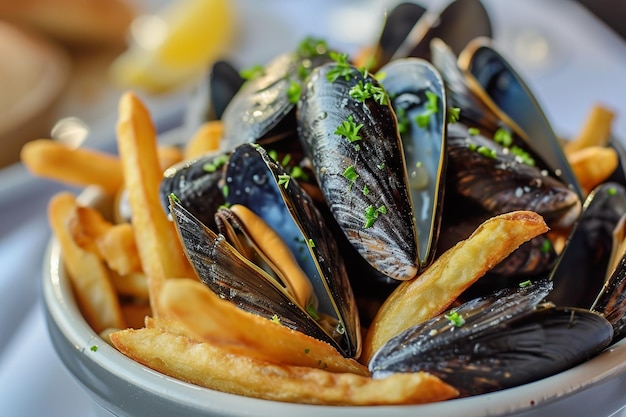 Moules frites fraîchement préparées avec des frites dans un bol de service noir